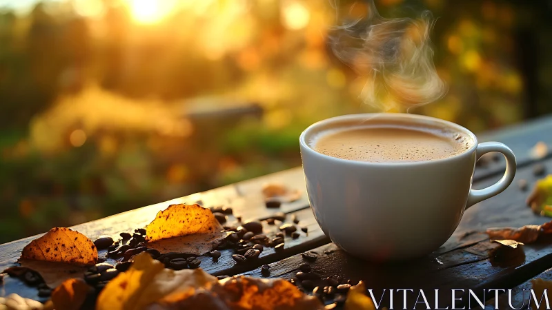 Steaming coffee at sunrise on leaf-strewn rustic table.