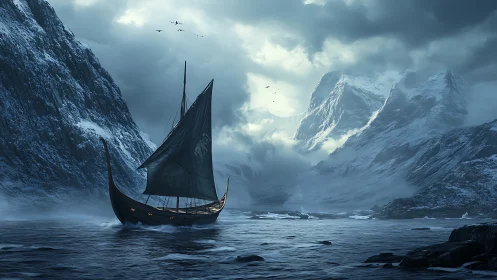 Viking longship in icy fjord beneath overcast mountain sky.