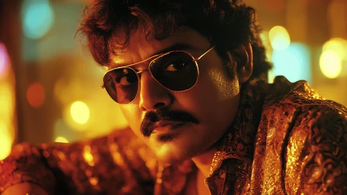 Cinematic close-up of man in warm bokeh lighting with sunglasses