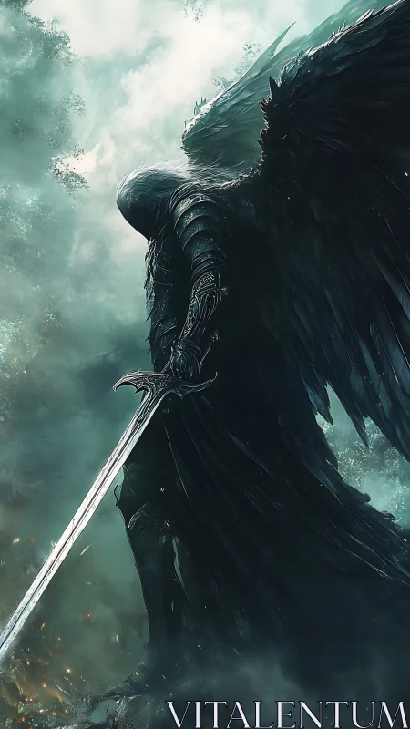 Dark winged paladin poised in stormlit celestial mist.
