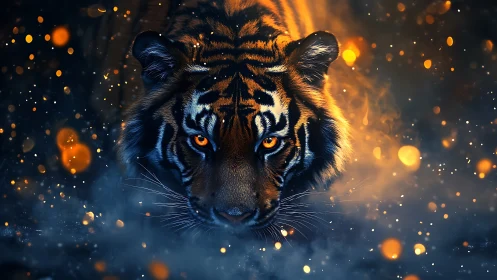 Fiery eyed tiger stalks forward in glowing dusk scene.