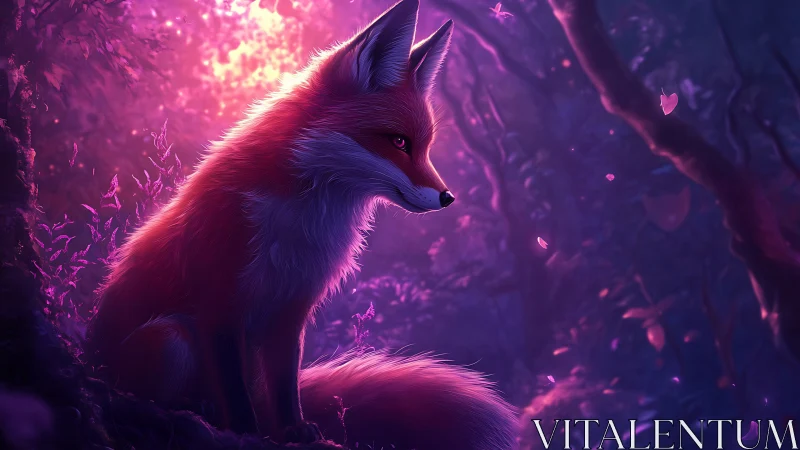 Dreamy twilight fox resting in a glowing violet forest.