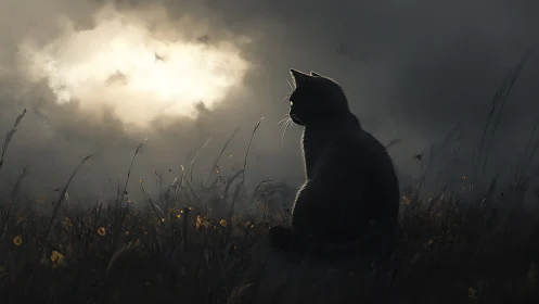 Solitary Black Cat Silhouette in Misty Autumn Field