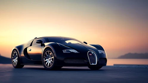 Black supercar on coastal road at calm sunset horizon.