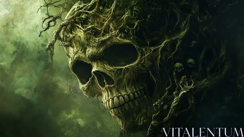 Skull of entwined roots emerging from toxic green fog.