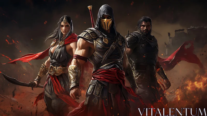 Battle-ready trio in desert war gear stand amid flames.