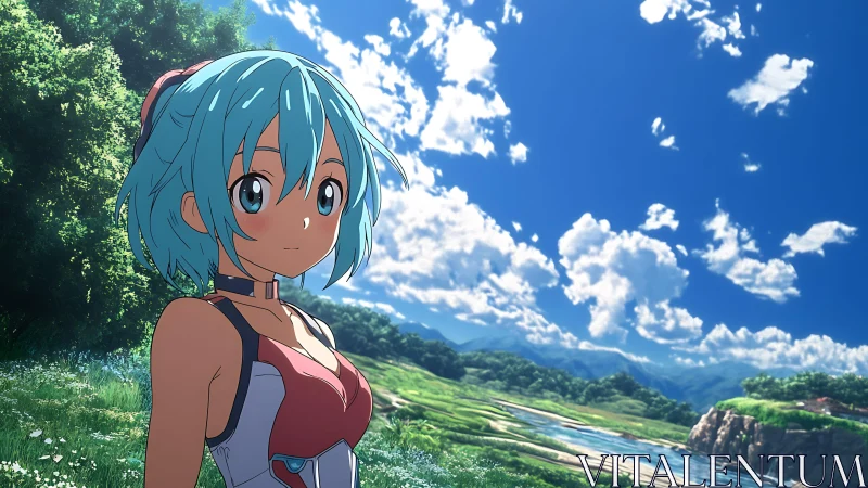 Blue haired anime girl in bright rural river landscape.
