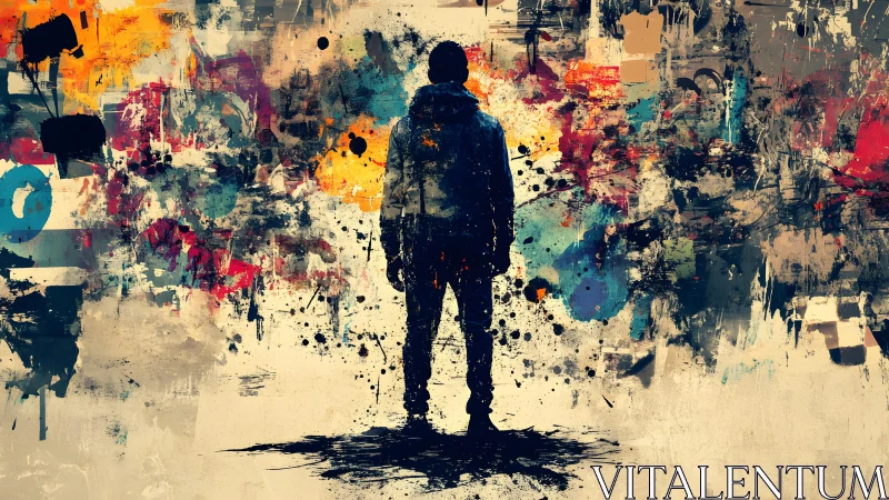 Silhouette of a Man Against Abstract Colorful Graffiti Art Background.