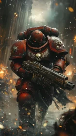 Armored space warrior advances through burning war-torn city