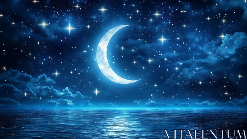 Crescent moon over reflective ocean beneath dense stellar sky