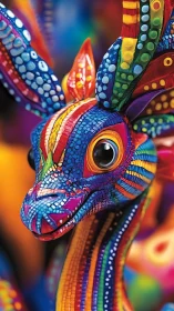 Colorful fantasy creature smiles in bright patterned detail