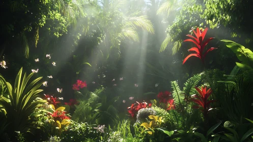 Sunlit tropical foliage with butterflies in dense jungle clearing.