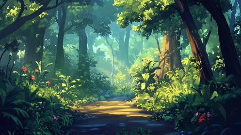 Luminous Forest Passage: Where Daylight Dances Through Ancient Boughs.