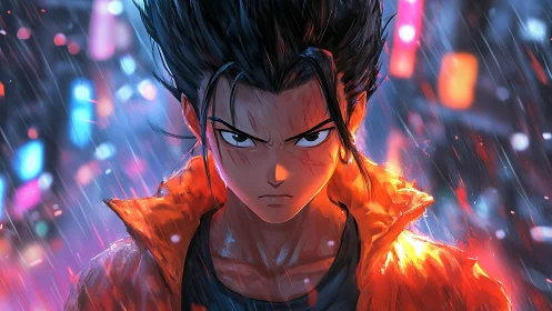 Focused anime character in rain with neon city backdrop.