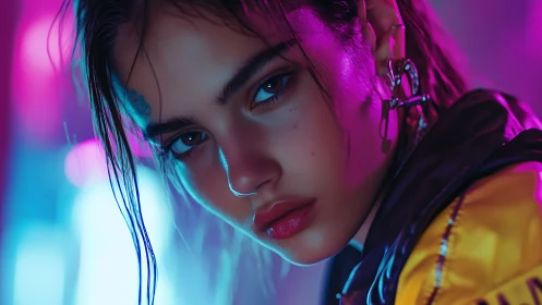 Intense neon portrait of young woman with bold earrings.