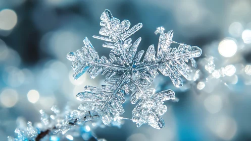 Crystal snowflake jewel suspended in frosted winter light.