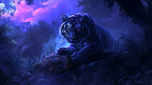 Moonlit jungle tiger resting under electric violet skies.