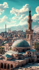 Historic Middle Eastern skyline under turquoise mountain light.