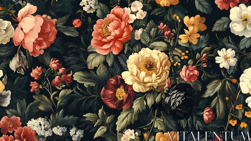 Botanical Floral Pattern on Dark Background with Period Blooms