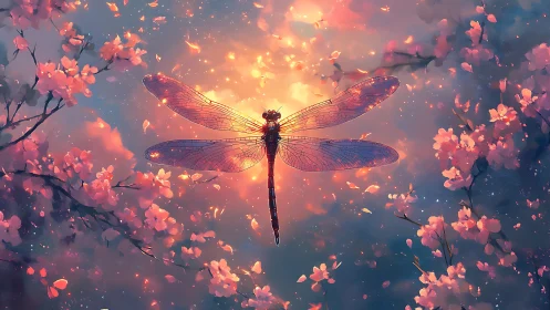 Dragonfly silhouette intersects luminous bokeh among blossoms