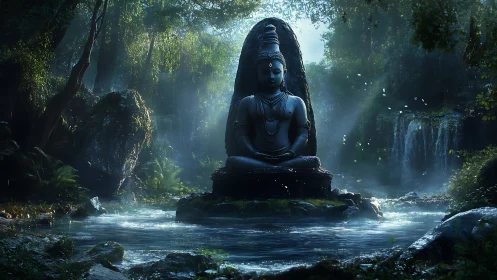 Forest shrine of stillness cradled in mist and waterfalls.