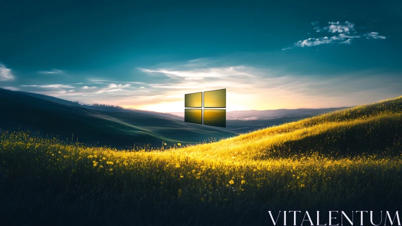 Golden hillside sunrise with glowing window in the sky.