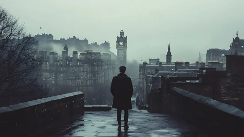 Solitary figure on misty city bridge at dawn twilight.