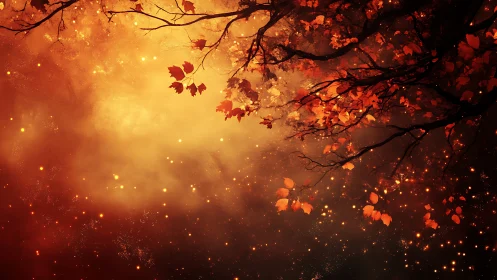 Autumn foliage illuminated by golden bokeh and warm light.