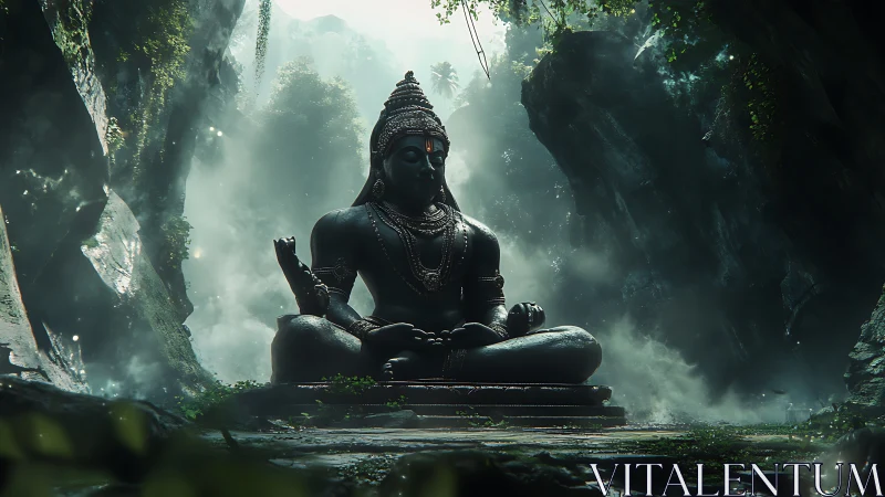 Monumental stone deity statue in misted jungle ravine at dawn