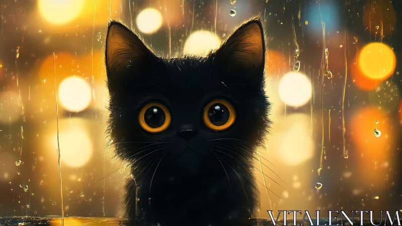 A Curious Black Cat with Golden Eyes in the Rain.