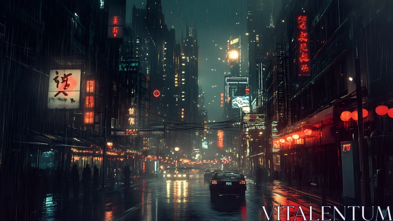 Rainy neon city street with traffic at night scene.