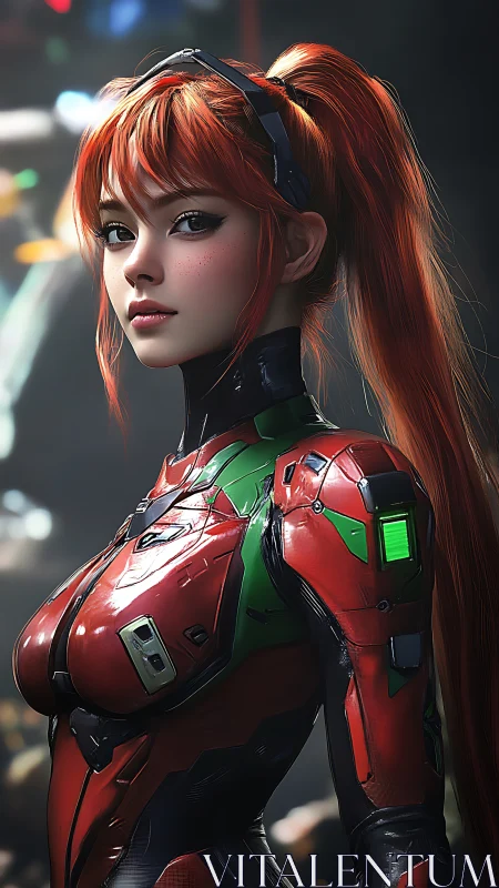 High-detail anime pilot in reflective red exosuit under soft bokeh