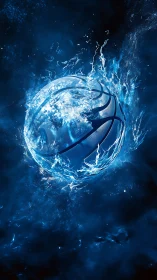Basketball appears formed by luminous splashing blue water