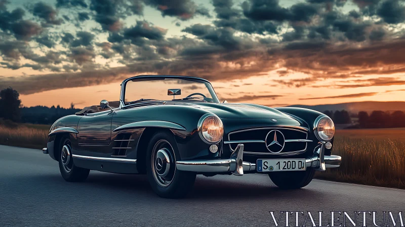 Classic Mercedes roadster parked on rural highway at dusk.
