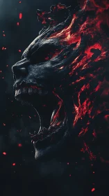 Infernal skull erupts in molten flame against void.