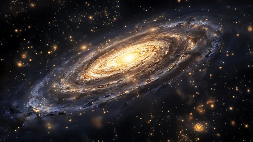 Spiral galaxy with bright core in dense star field in space.