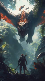 Hunter confronts fire-winged dragon in dense jungle ambush.