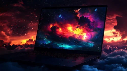 Laptop screen displays vivid cosmic nebula over clouds.