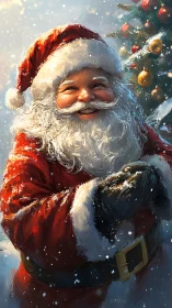 Joyful Santa Claus smiles in sparkling Christmas snowfall