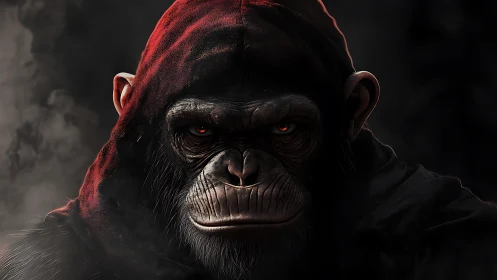 Hooded warlord ape with ember eyes in smoky shadowed hush.