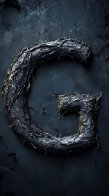 Root-entwined metallic G on eroded slate substrate.