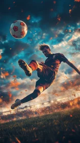 Soccer player executes mid-air kick under dramatic sky