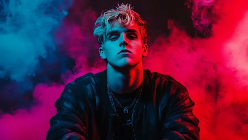 Neon split-light portrait in cinematic cyberpunk color field.