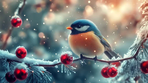 Small songbird sits on snowy branch with red ornaments