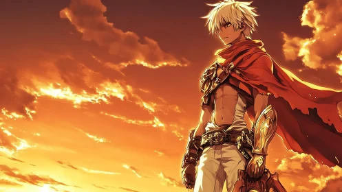 Sunset-armored anime sentinel under high-saturation skyfield.