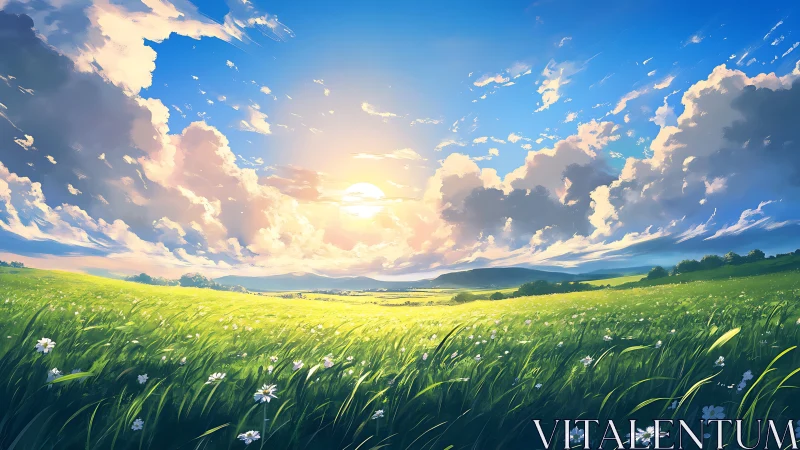 Digital landscape shows sunlit meadow beneath dense clouds