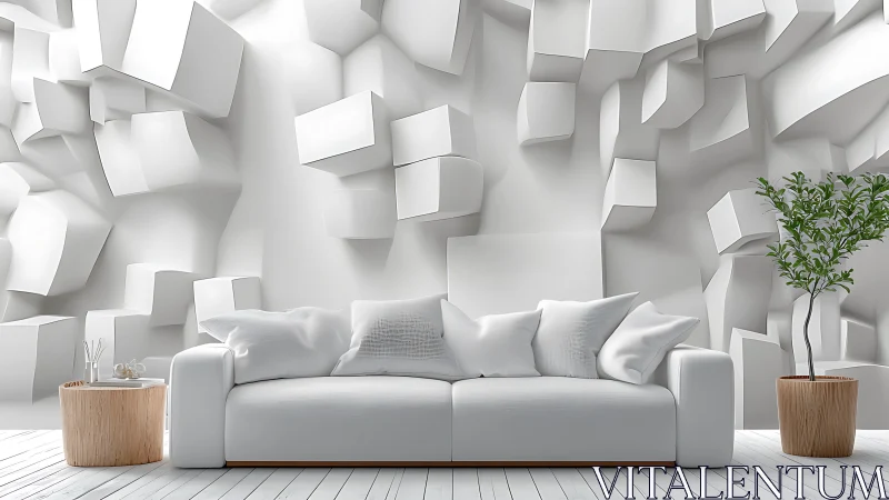 Minimalist white sofa against geometric 3D cube wall.