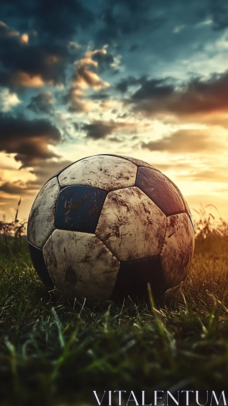 Weathered soccer ball resting on grass at sunset field.