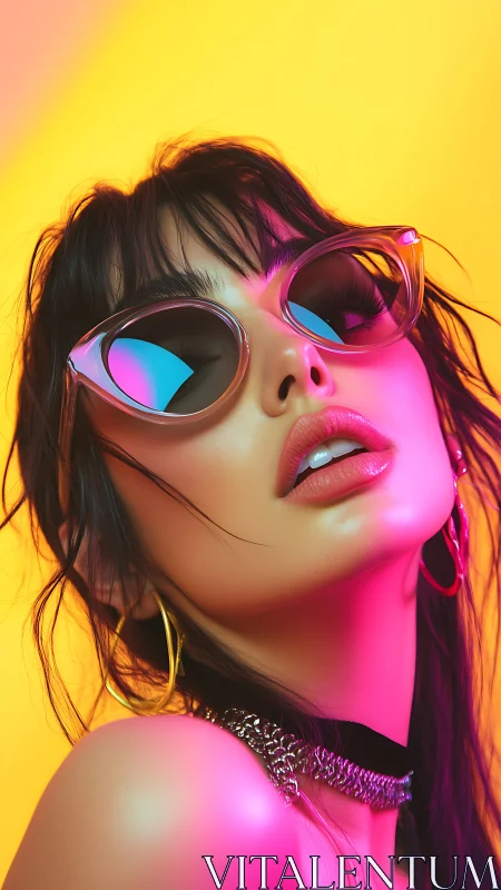 Neon glow portrait with reflective sunglasses and chains.