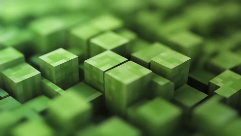 Modular green voxel cubes form a soft-focus abstract grid